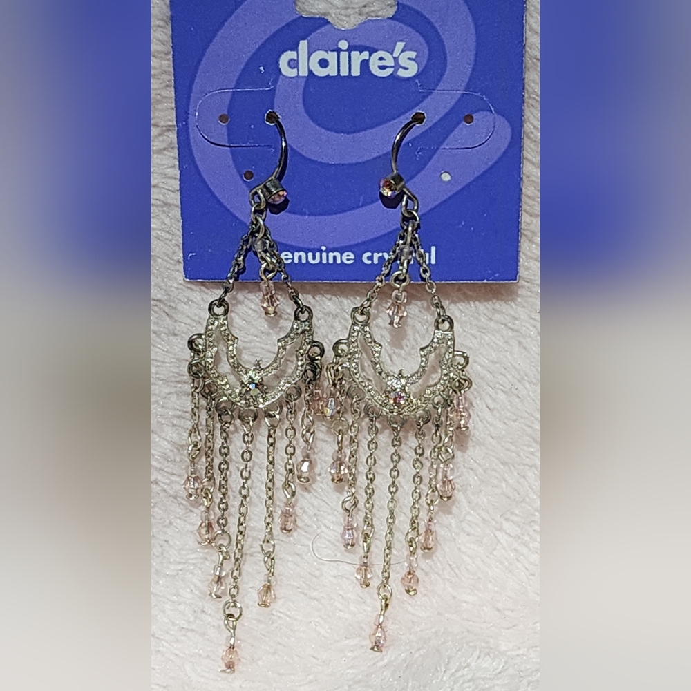 Claire's Silver Tone Chandelier Earrings with Pink Beads and Rhinestone Accents